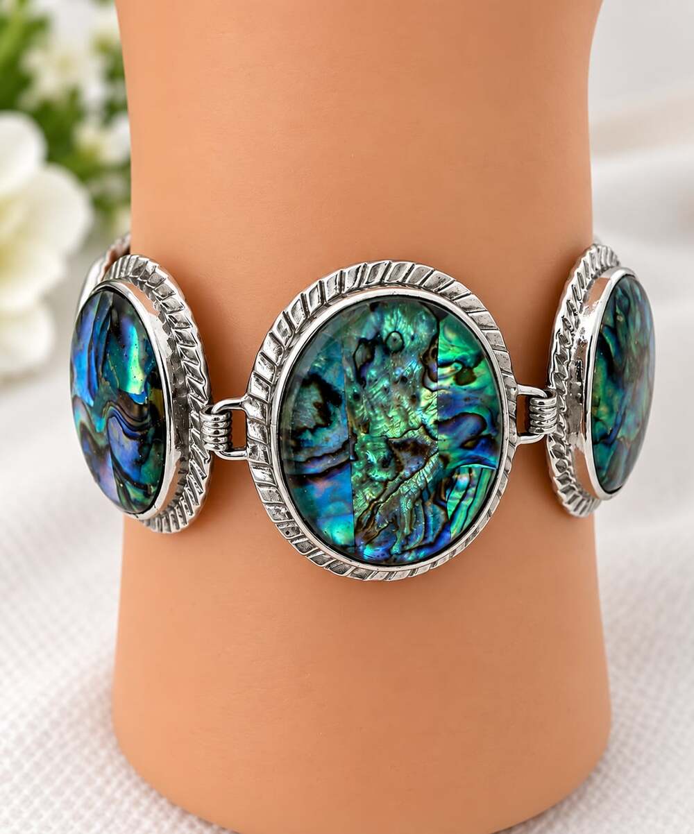 925 Sterling Silver Natural Abalone Shell Elegant Vintage Chain Bracelet Jewelry
